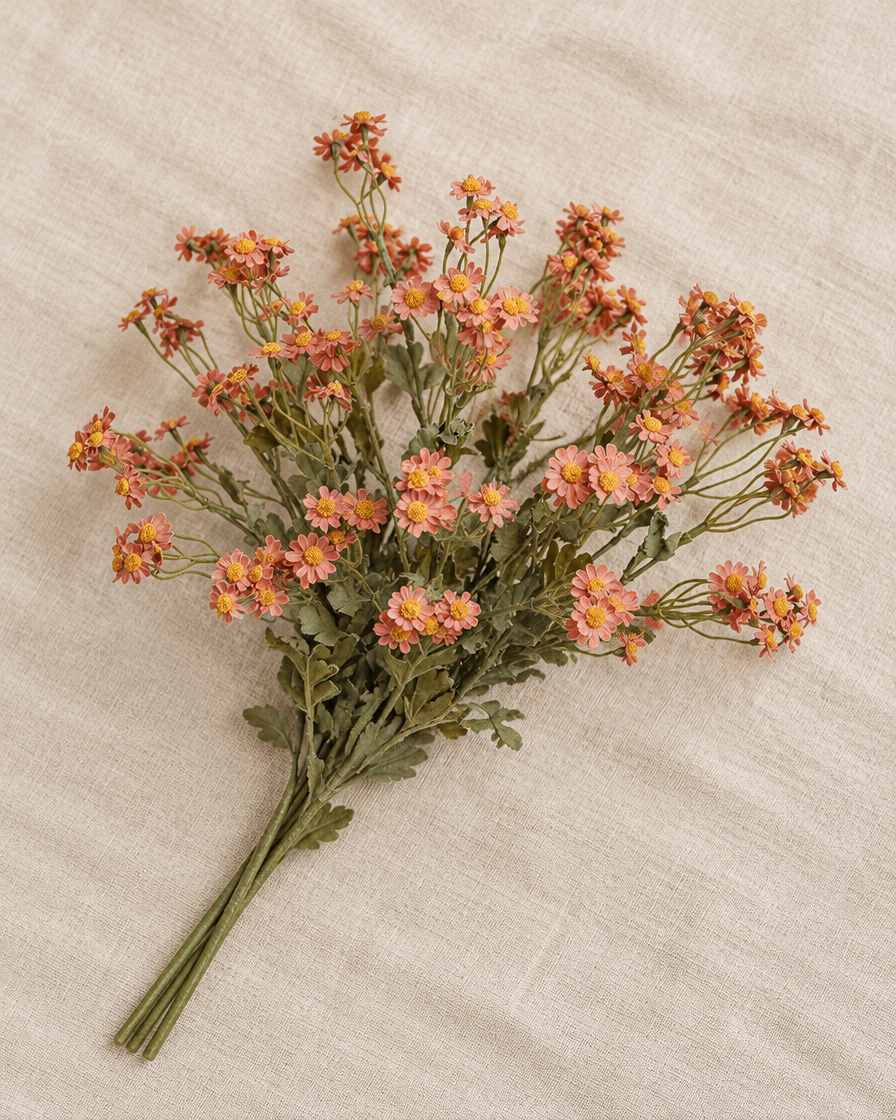 Terracotta Artificial Chamomile Daisy Stems, shown alone on a linen background