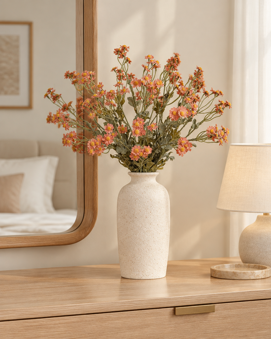 Terracotta Artificial Chamomile Daisy Stems styled in a ceramic vase on a dresser (vase sold separately)