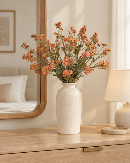Terracotta Artificial Chamomile Daisy Stems styled in a ceramic vase on a dresser (vase sold separately)