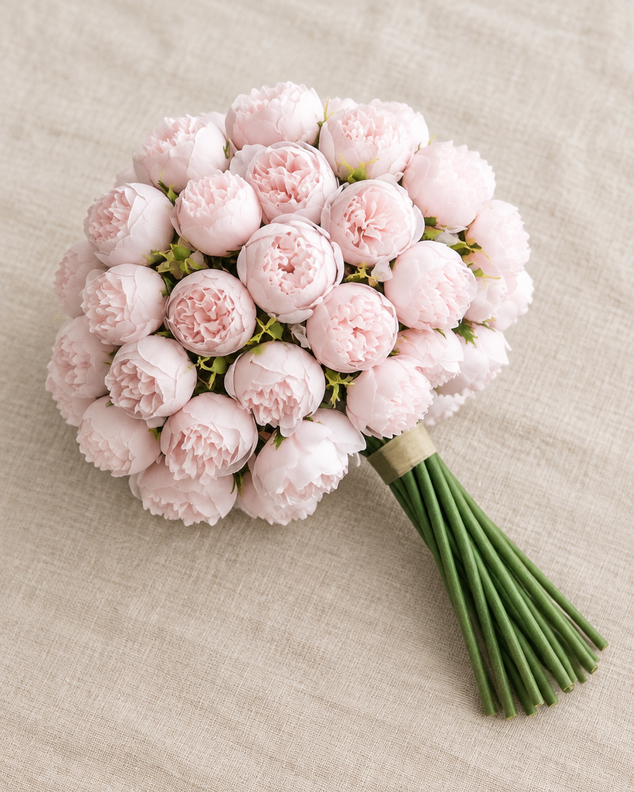 Blush Pink Artificial Peony Bunch, shown alone on a linen background