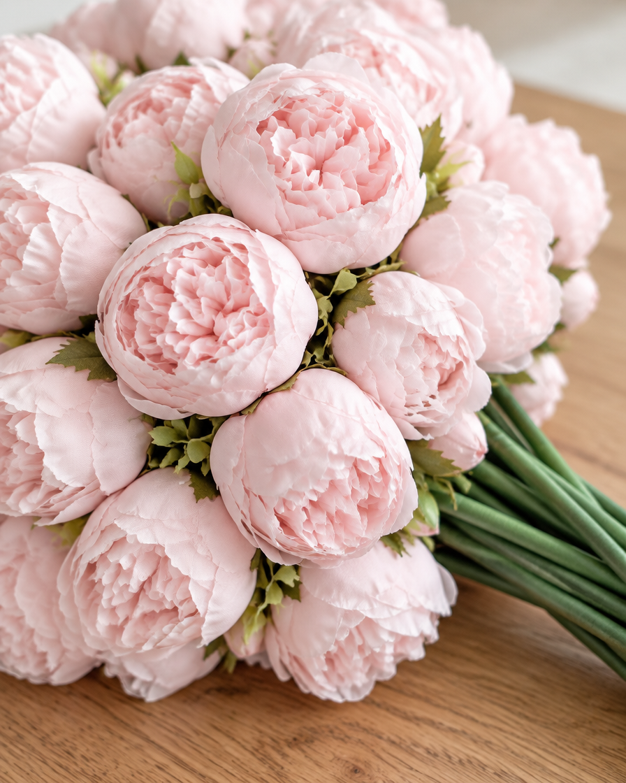 Close-up detail of the blush pink artificial peony bunch on an oak table