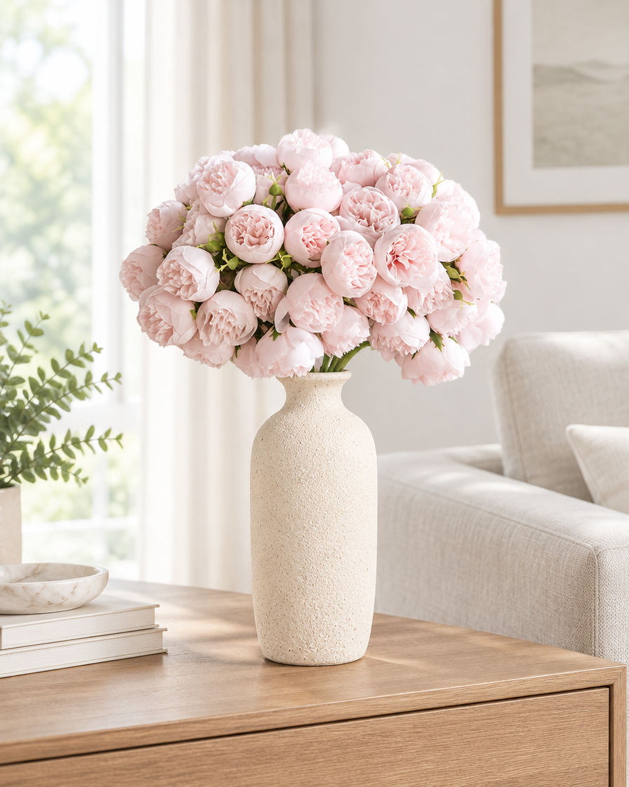 Blush Pink Artificial Peony Bunch styled in a ceramic vase on a console table (vase sold separately)