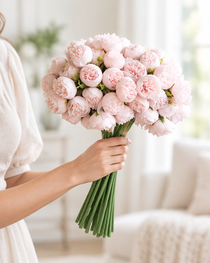 Blush Pink Artificial Peony Bunch held in a hand