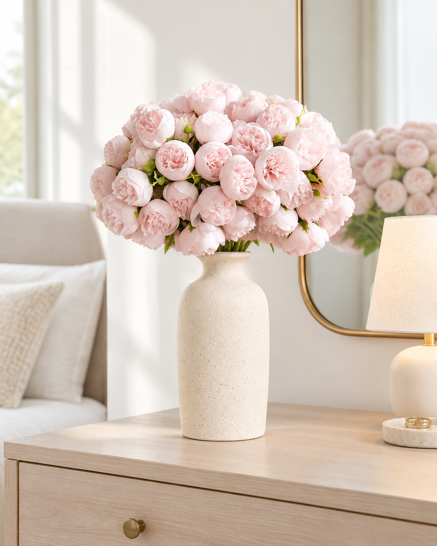 Blush Pink Artificial Peony Bunch styled in a ceramic vase on a dresser (vase sold separately)