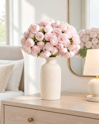 Blush Pink Artificial Peony Bunch styled in a ceramic vase on a dresser (vase sold separately)