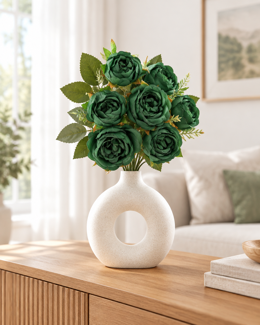 Dark Green Artificial Peony Bouquet styled in a ceramic vase on a console table (vase sold separately)