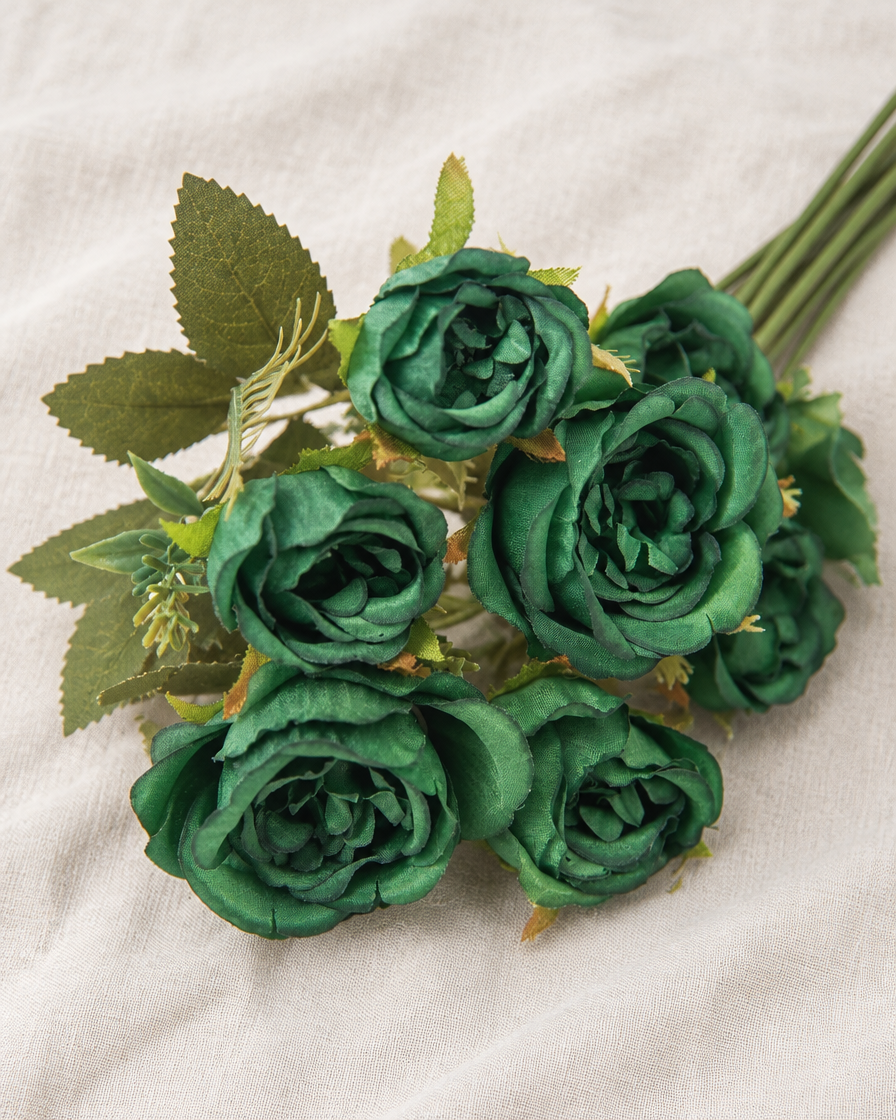 Dark Green Artificial Peony Bouquet, shown alone on a linen background