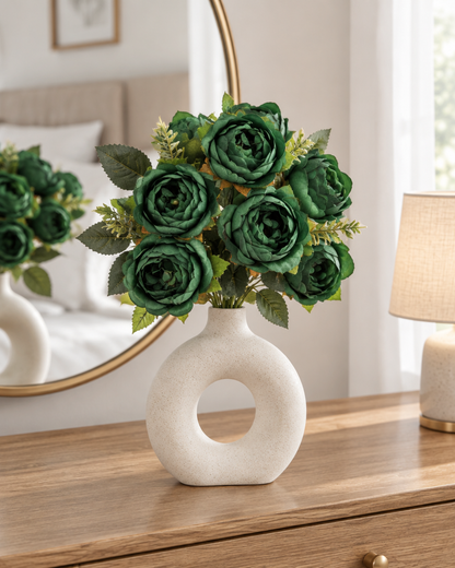 Dark Green Artificial Peony Bouquet styled in a ceramic vase on a dresser (vase sold separately)