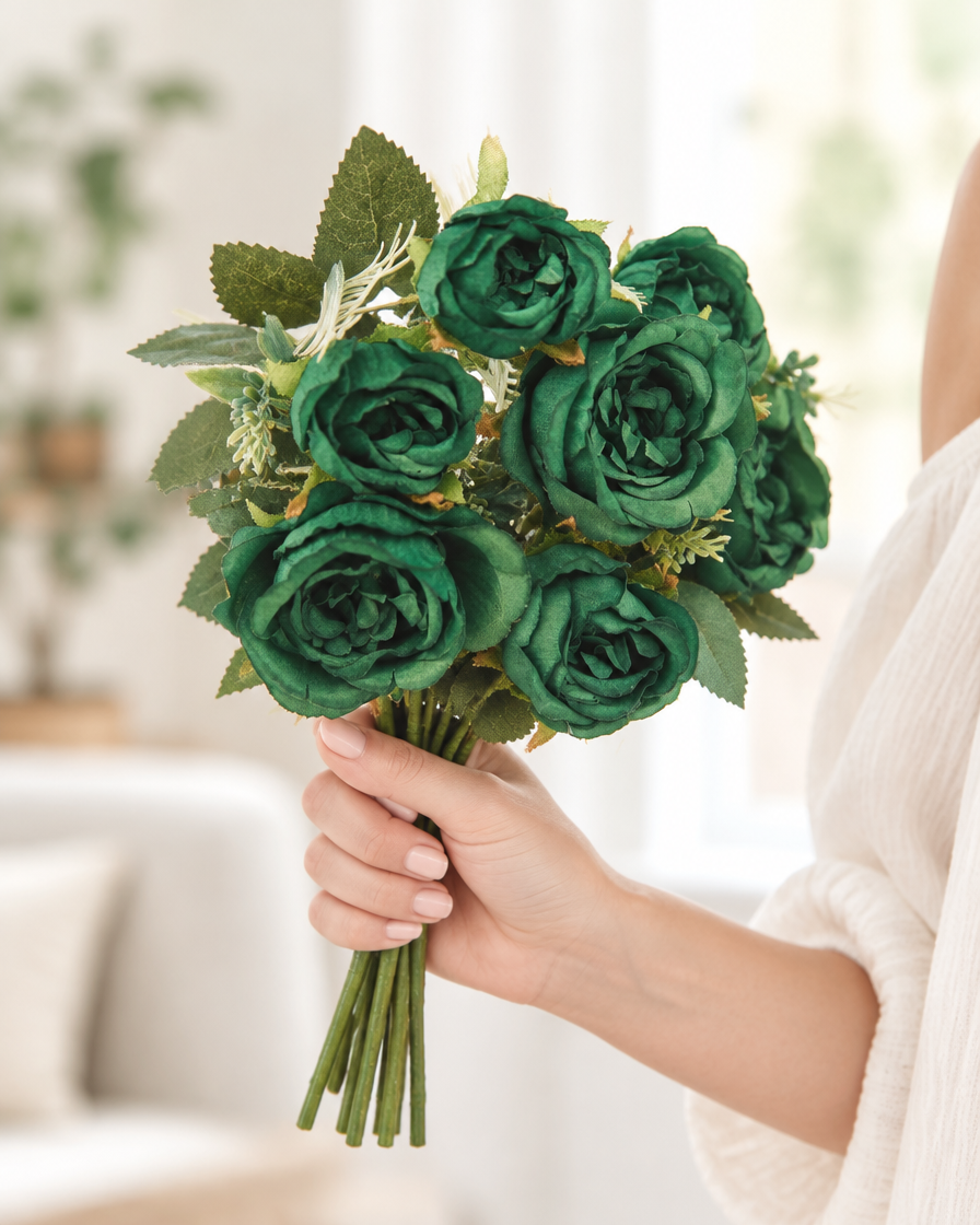 Dark Green Artificial Peony Bouquet held in a hand