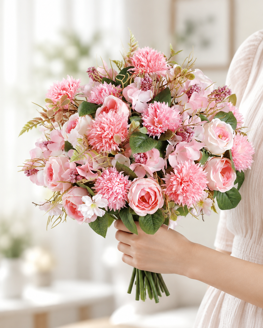 Pink Artificial Rose & Pompom Mixed Bouquet held in a hand