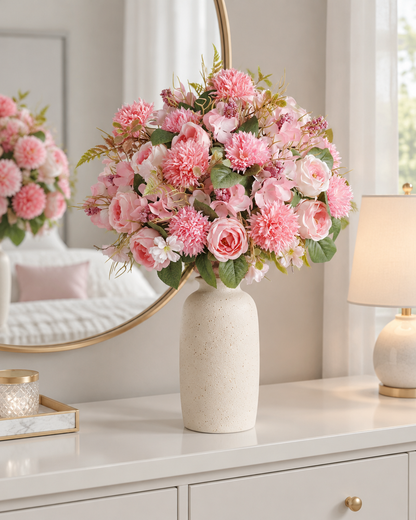 Pink Artificial Rose & Pompom Mixed Bouquet styled in a ceramic vase on a dresser (vase sold separately)