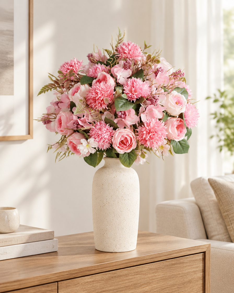 Pink Artificial Rose & Pompom Mixed Bouquet styled in a ceramic vase on a console table (vase sold separately)
