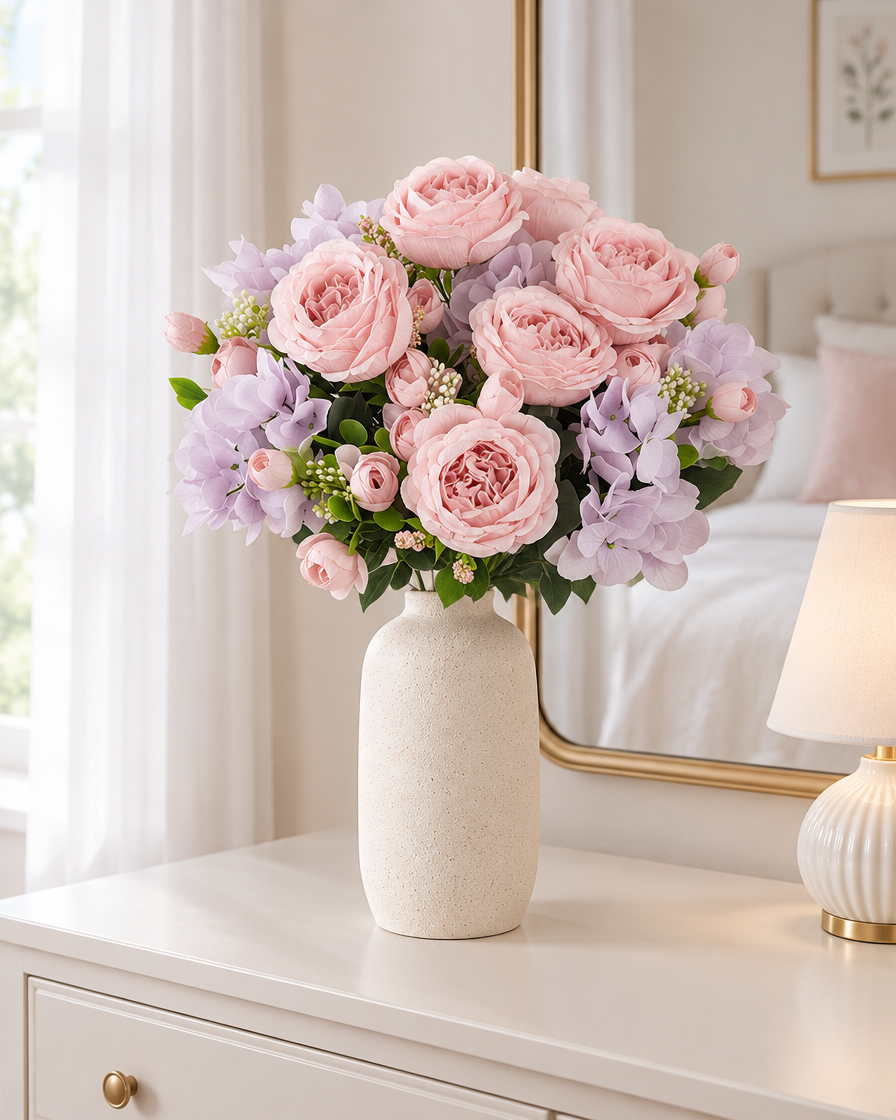 Pink Peony & Lilac Hydrangea Artificial Bouquet styled in a ceramic vase on a dresser (vase sold separately)