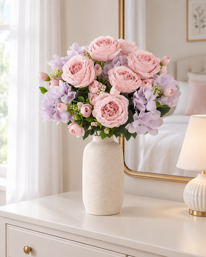 Pink Peony & Lilac Hydrangea Artificial Bouquet styled in a ceramic vase on a dresser (vase sold separately)
