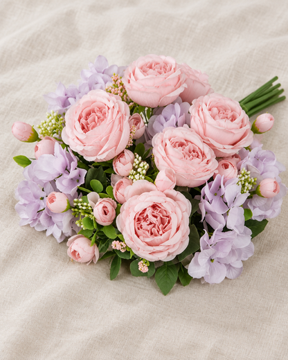 Pink Peony & Lilac Hydrangea Artificial Bouquet, shown alone on a linen background