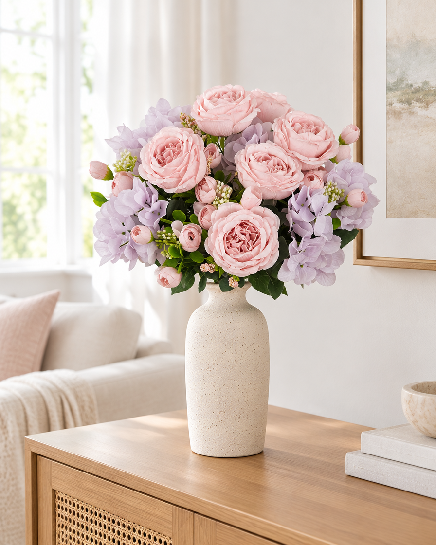 Pink Peony & Lilac Hydrangea Artificial Bouquet styled in a ceramic vase on a console table (vase sold separately)