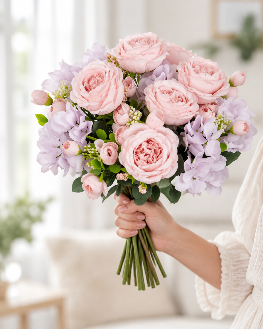 Pink Peony & Lilac Hydrangea Artificial Bouquet held in a hand