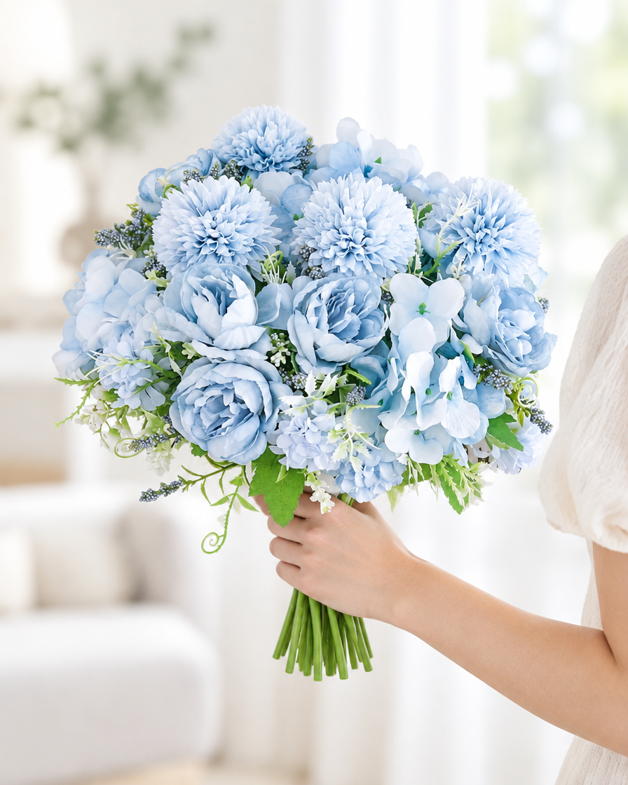Light Blue Artificial Peony & Pompom Mixed Bouquet held in a hand