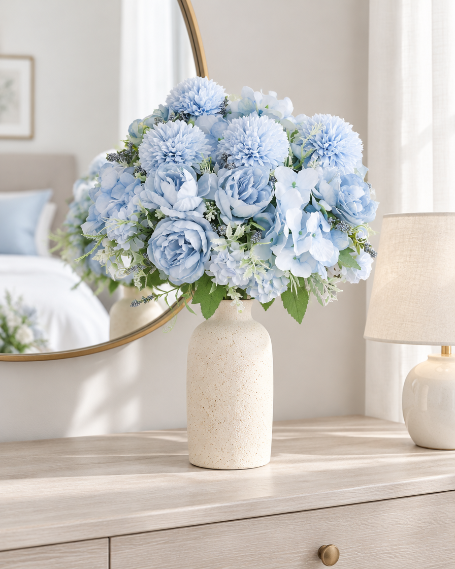 Light Blue Artificial Peony & Pompom Mixed Bouquet styled in a ceramic vase on a dresser (vase sold separately)