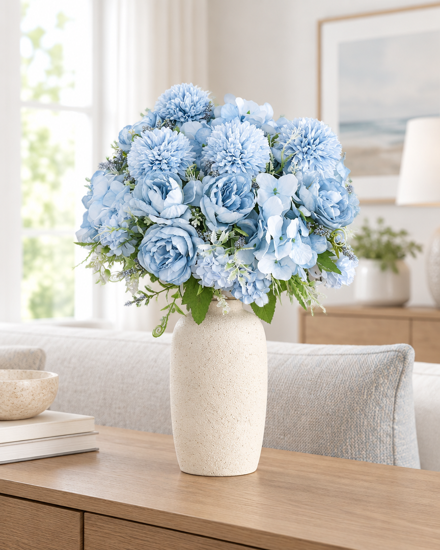 Light Blue Artificial Peony & Pompom Mixed Bouquet styled in a ceramic vase on a console table (vase sold separately)