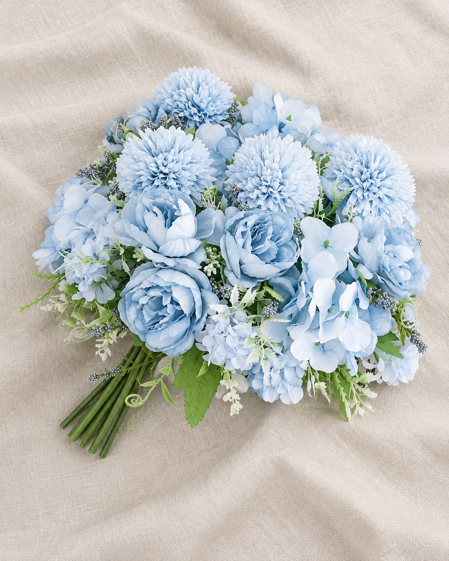 Light Blue Artificial Peony & Pompom Mixed Bouquet, shown alone on a linen background