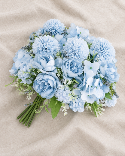 Light Blue Artificial Peony & Pompom Mixed Bouquet, shown alone on a linen background