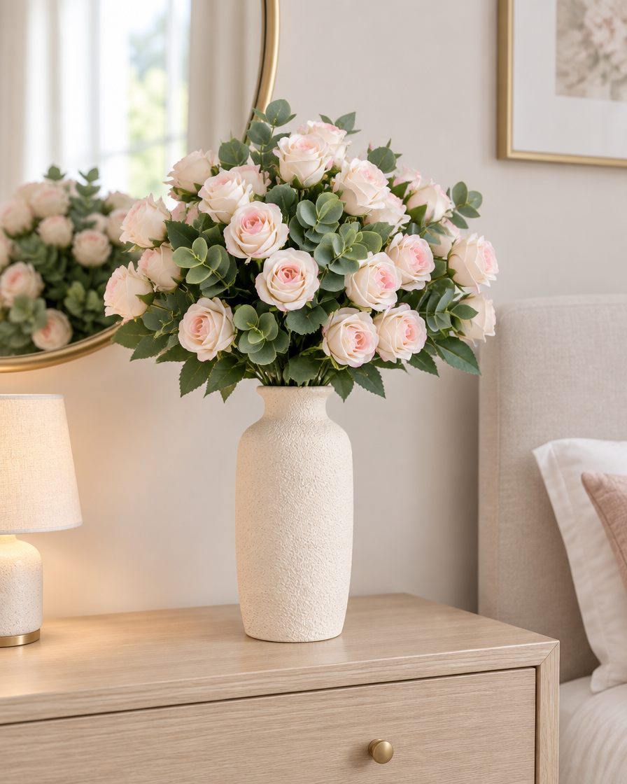 Blush Pink Artificial Rose & Eucalyptus Bouquet styled in a ceramic vase on a dresser (vase sold separately)