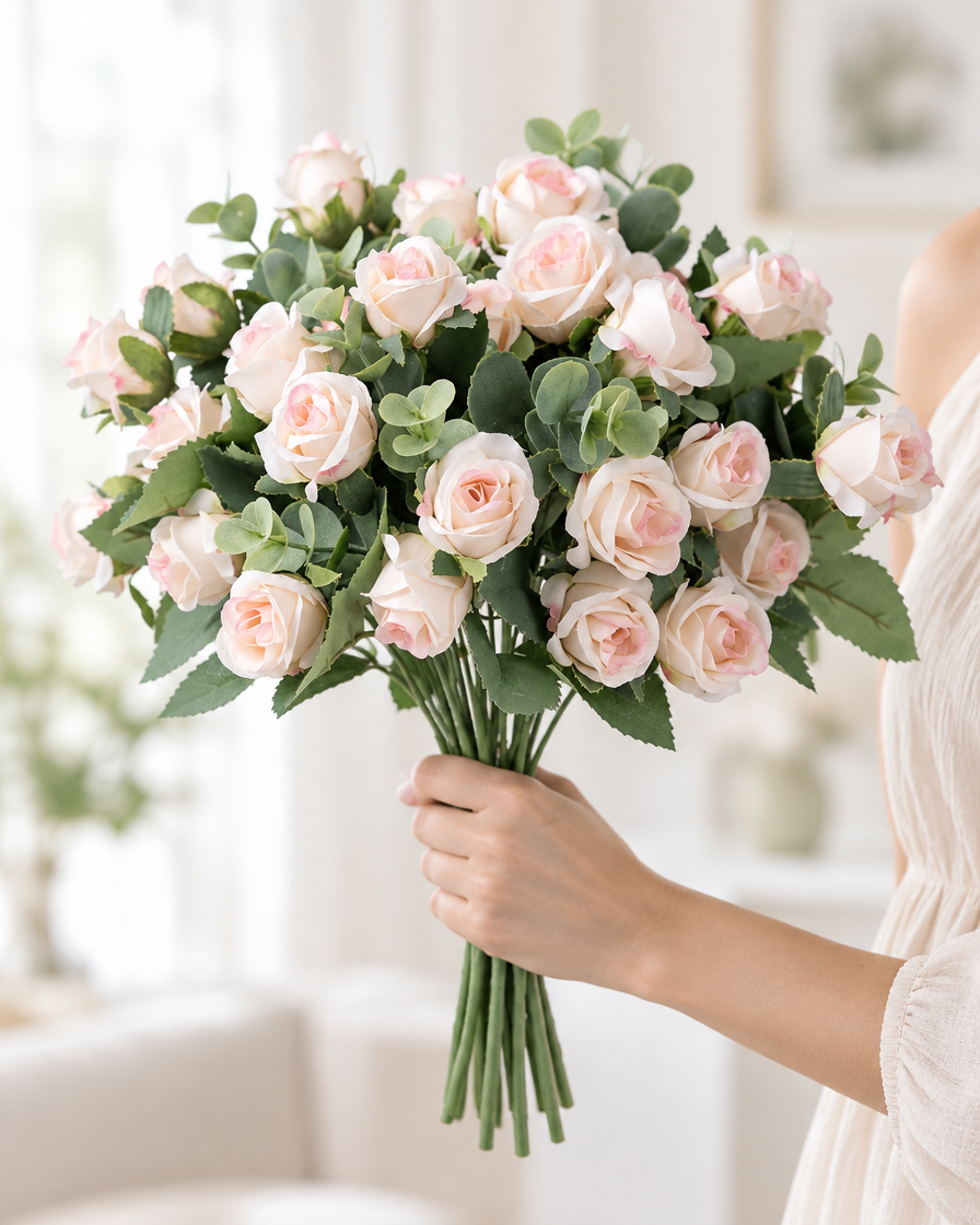 Blush Pink Artificial Rose & Eucalyptus Bouquet held in a hand