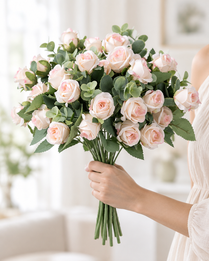 Blush Pink Artificial Rose & Eucalyptus Bouquet held in a hand