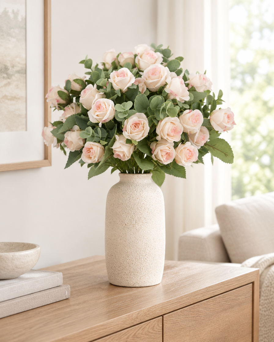 Blush Pink Artificial Rose & Eucalyptus Bouquet styled in a ceramic vase on a console table (vase sold separately)