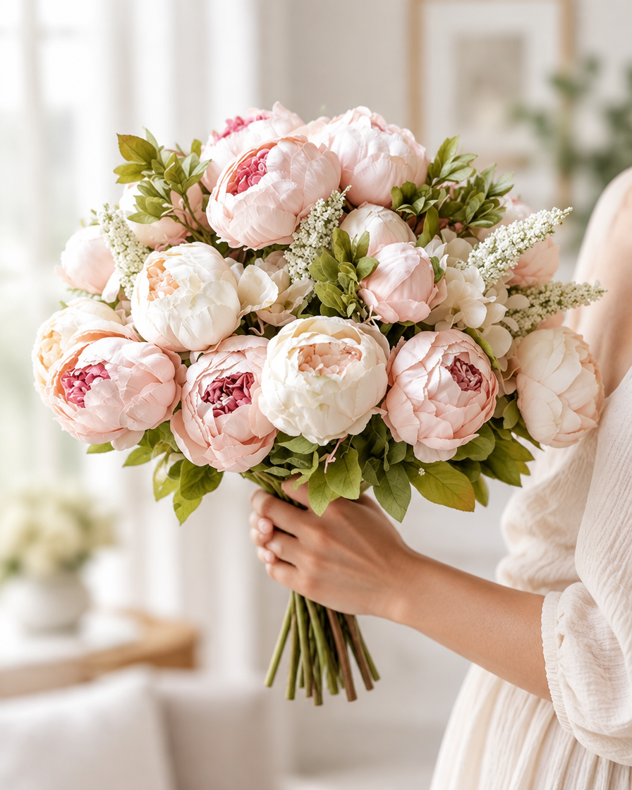 Pink and Cream Artificial Peony Bouquet held in a hand