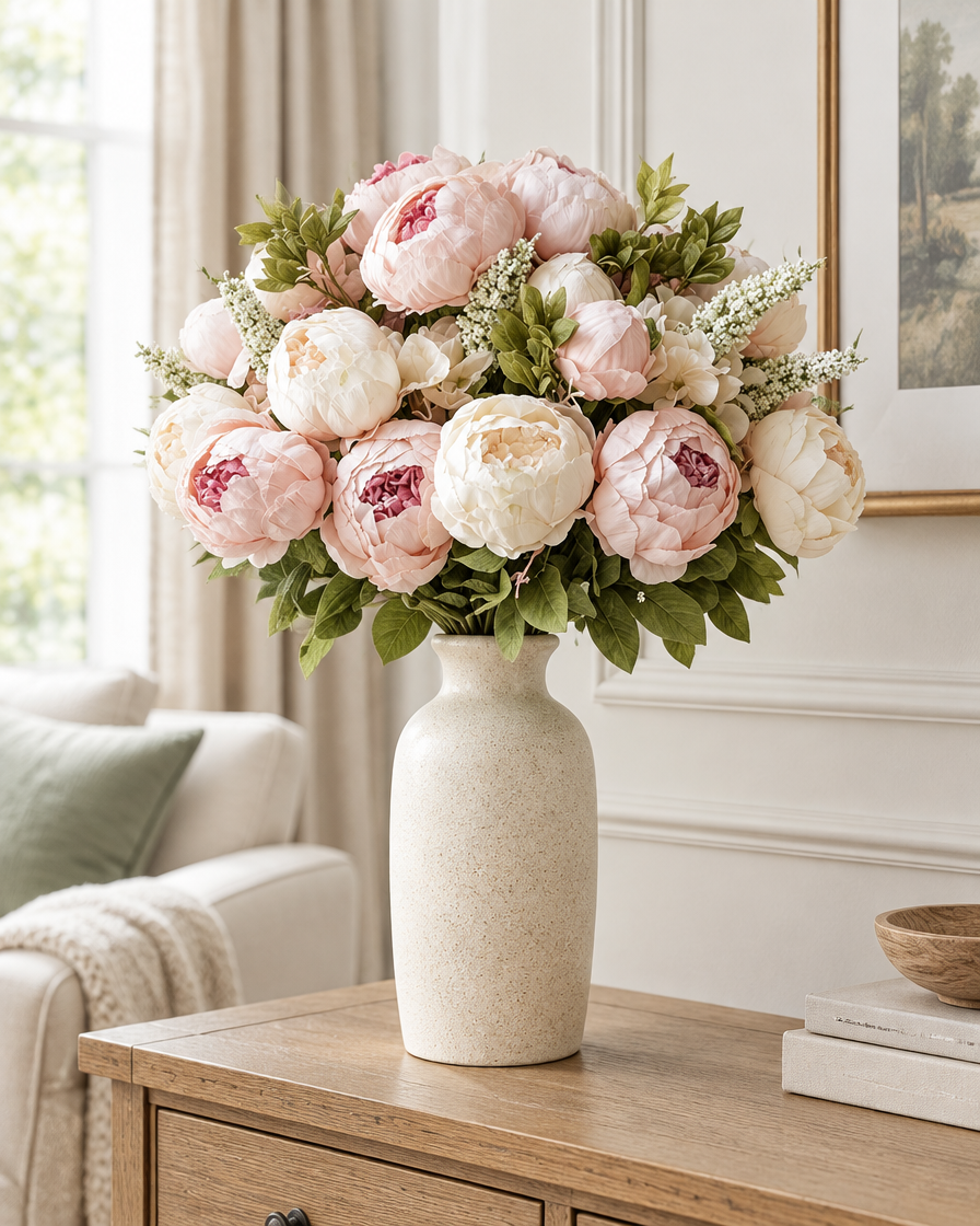Pink and Cream Artificial Peony Bouquet styled in a ceramic vase on a console table (vase sold separately)