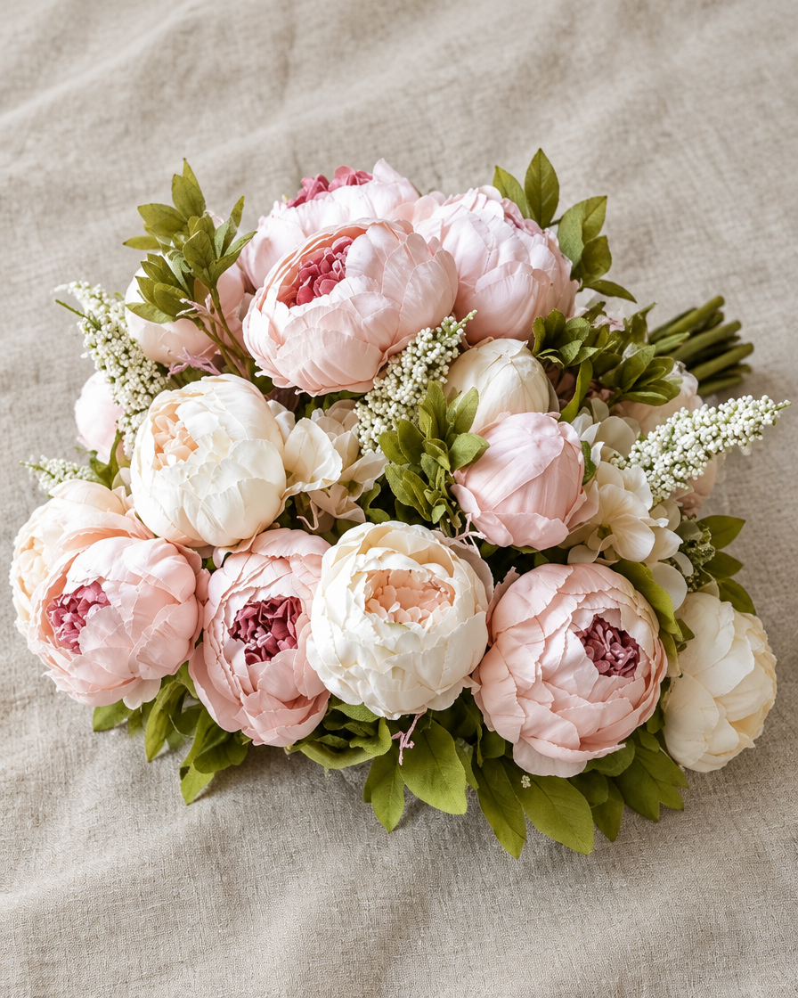 Pink and Cream Artificial Peony Bouquet, shown alone on a linen background