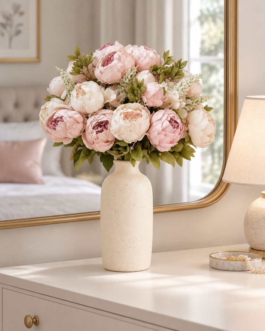 Pink and Cream Artificial Peony Bouquet styled in a ceramic vase on a dresser (vase sold separately)