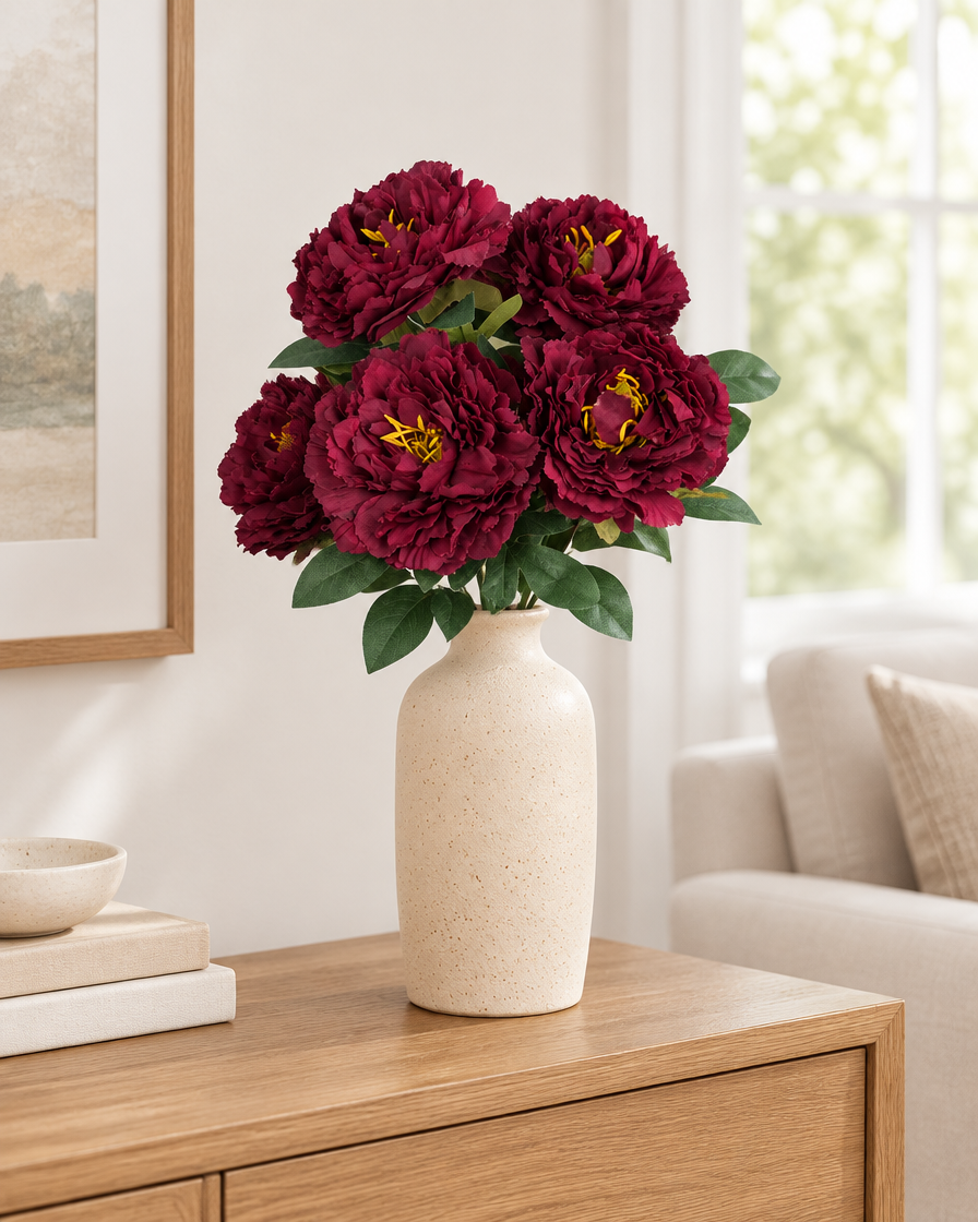 Burgundy Artificial Peony Bunch styled in a ceramic vase on a console table (vase sold separately)