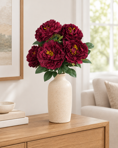 Burgundy Artificial Peony Bunch styled in a ceramic vase on a console table (vase sold separately)