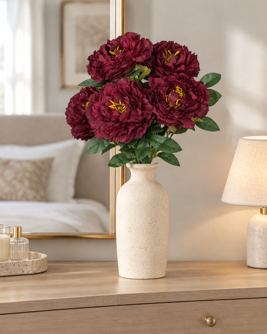 Burgundy Artificial Peony Bunch styled in a ceramic vase on a dresser (vase sold separately)