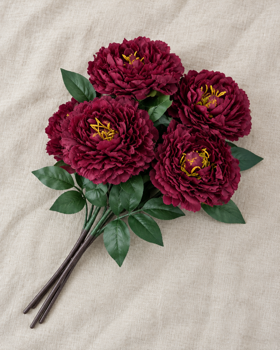 Burgundy Artificial Peony Bunch, shown alone on a linen background