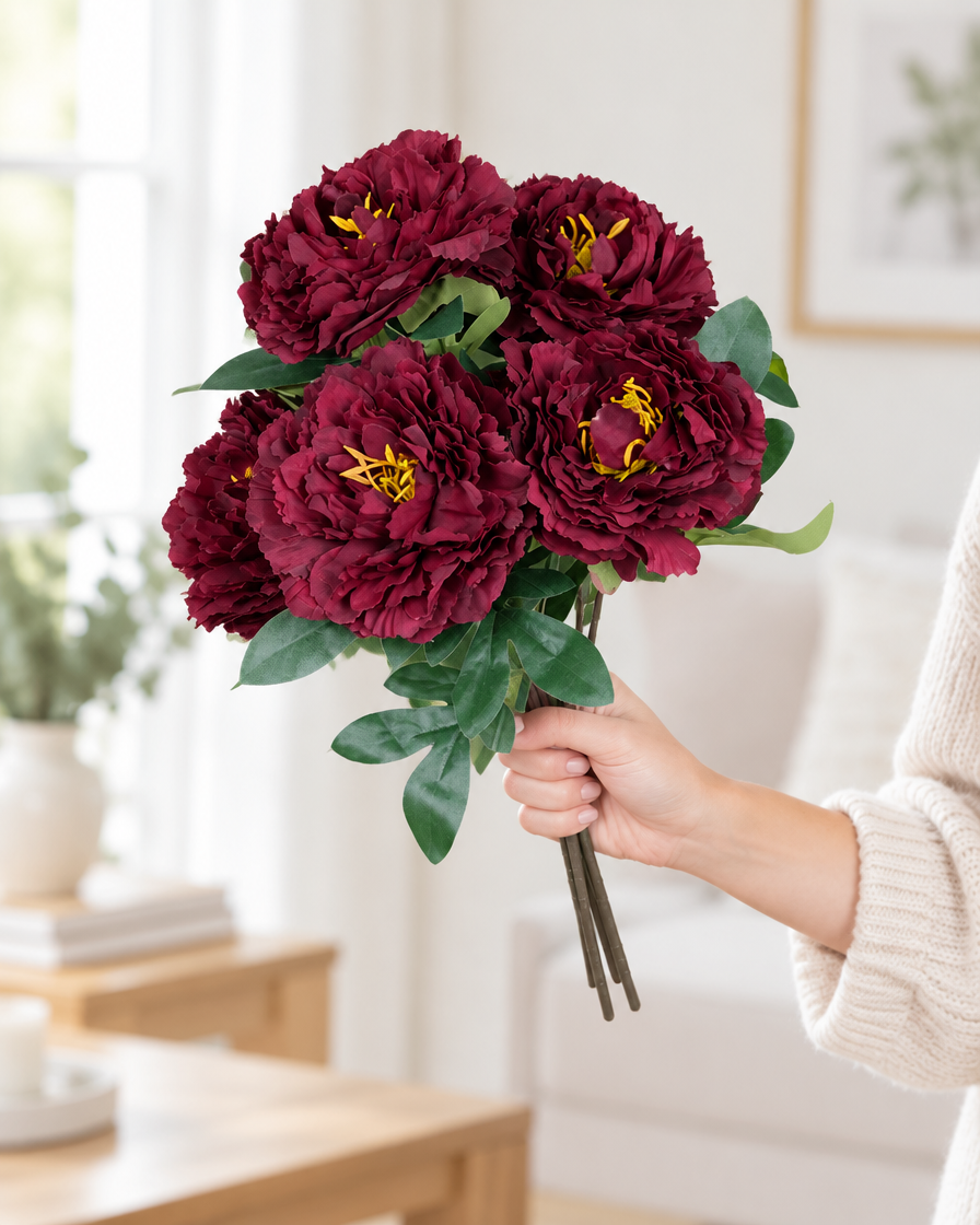 Burgundy Artificial Peony Bunch held in a hand