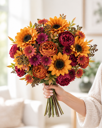Autumn Artificial Sunflower & Peony Bouquet held in a hand