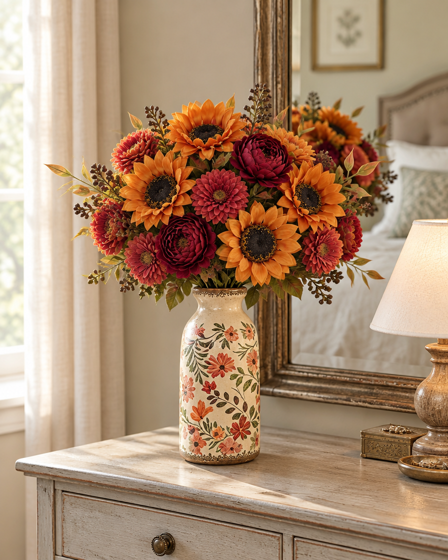 Autumn Artificial Sunflower & Peony Bouquet styled in a ceramic vase on a dresser (vase sold separately)