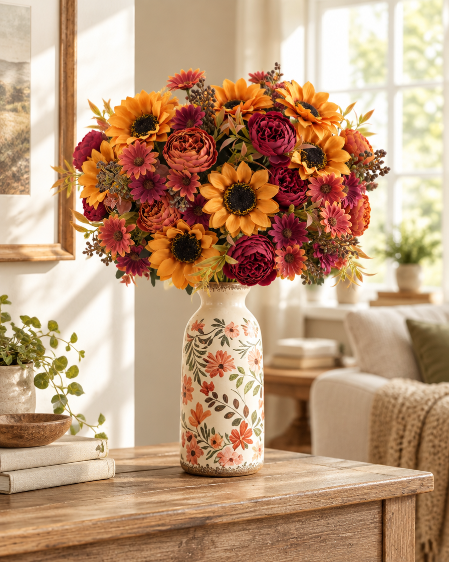 Autumn Artificial Sunflower & Peony Bouquet styled in a ceramic vase on a console table (vase sold separately)