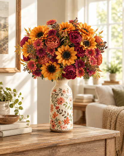 Autumn Artificial Sunflower & Peony Bouquet styled in a ceramic vase on a console table (vase sold separately)