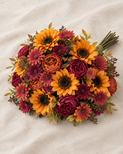Autumn Artificial Sunflower & Peony Bouquet, shown alone on a linen background