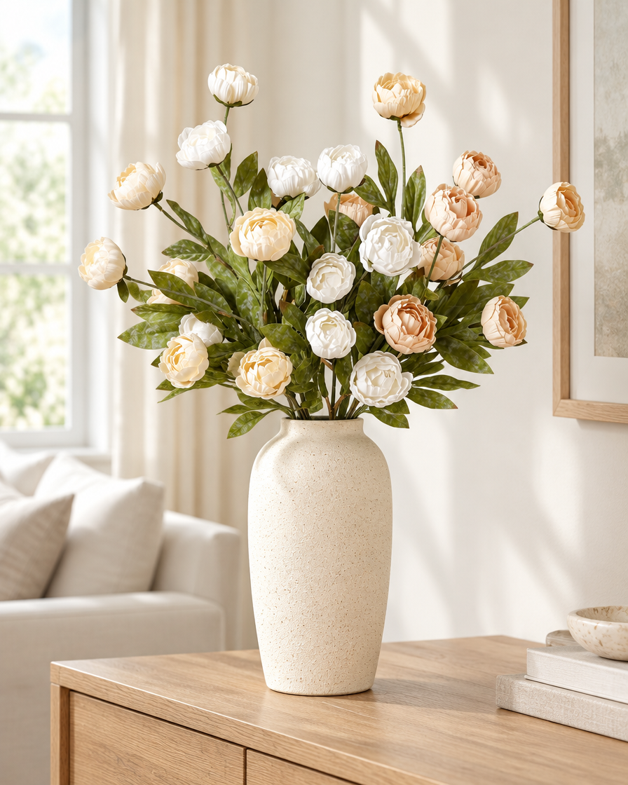 Cream and Apricot Artificial Ranunculus Stems styled in a ceramic vase on a console table (vase sold separately)