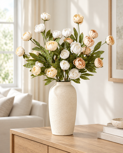 Cream and Apricot Artificial Ranunculus Stems styled in a ceramic vase on a console table (vase sold separately)