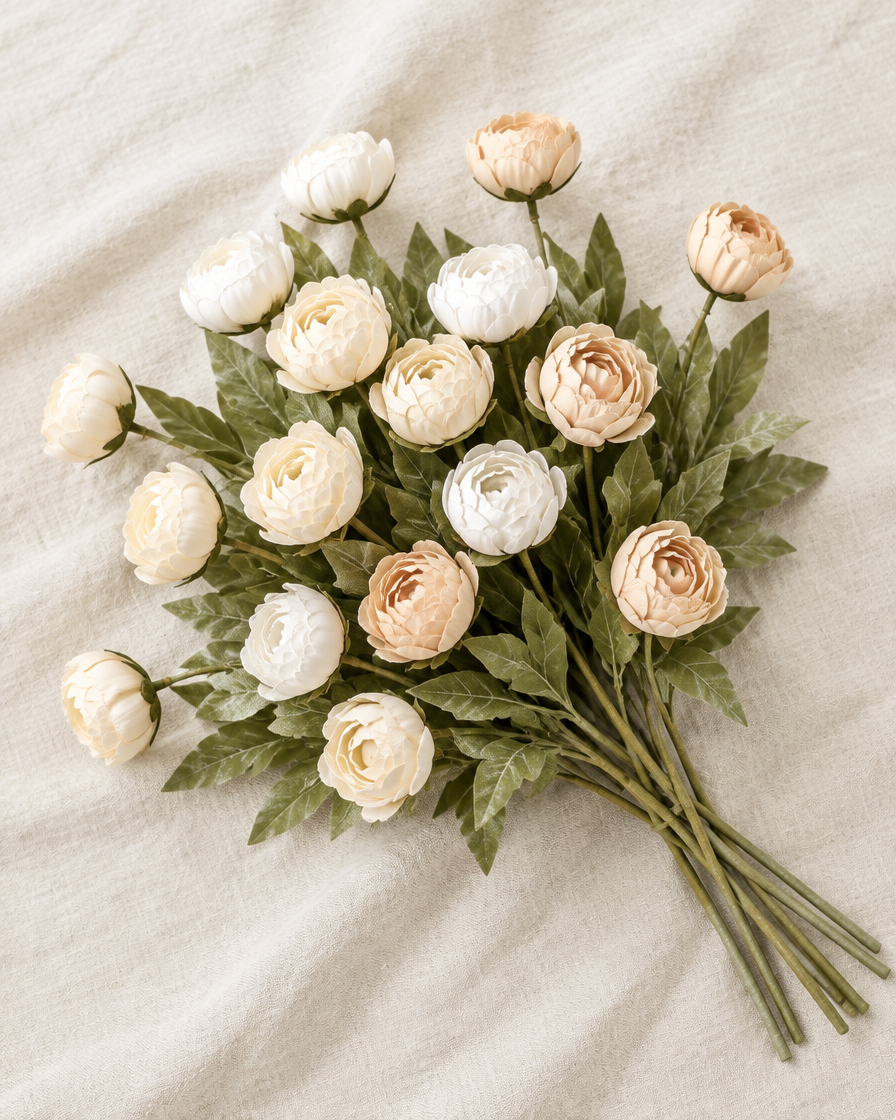 Cream and Apricot Artificial Ranunculus Stems, shown alone on a linen background