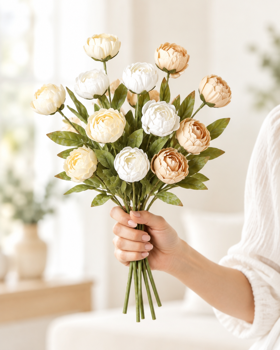 Cream and Apricot Artificial Ranunculus Stems held in a hand