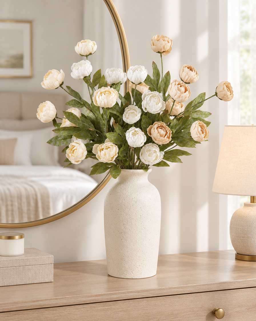 Cream and Apricot Artificial Ranunculus Stems styled in a ceramic vase on a dresser (vase sold separately)