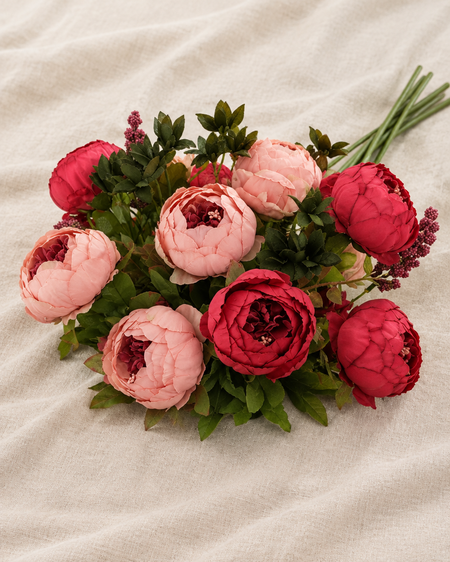Dusty Rose & Red Artificial Peony Bouquet, shown alone on a linen background